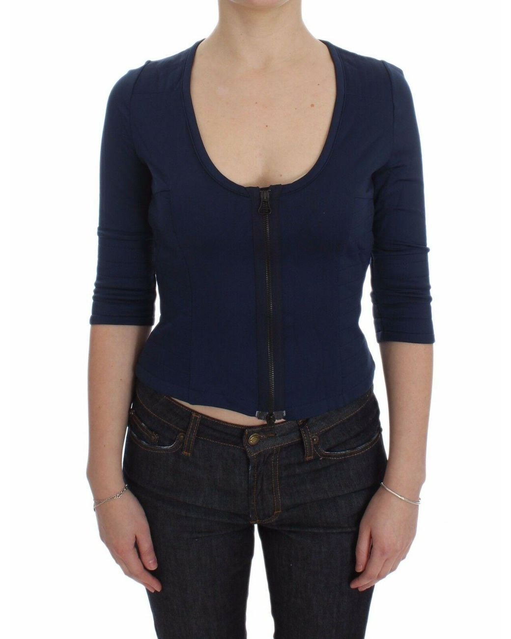 Exte Blue Cotton Top Zipper Deep Crew