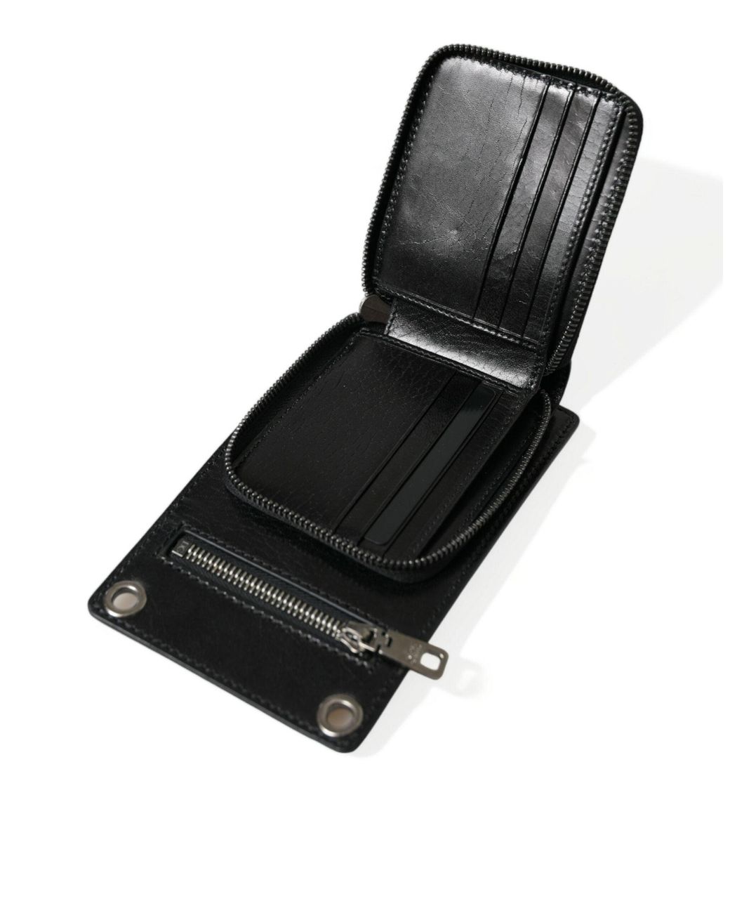 Dolce & Gabbana Black Calf Leather Zip Logo Shoulder Neck Strap Wallet for men
