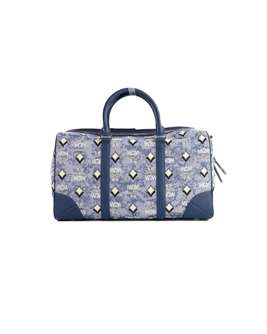 MCM Boston Medium Blue Vintage Denim Fabric Duffle Bag Crossbody