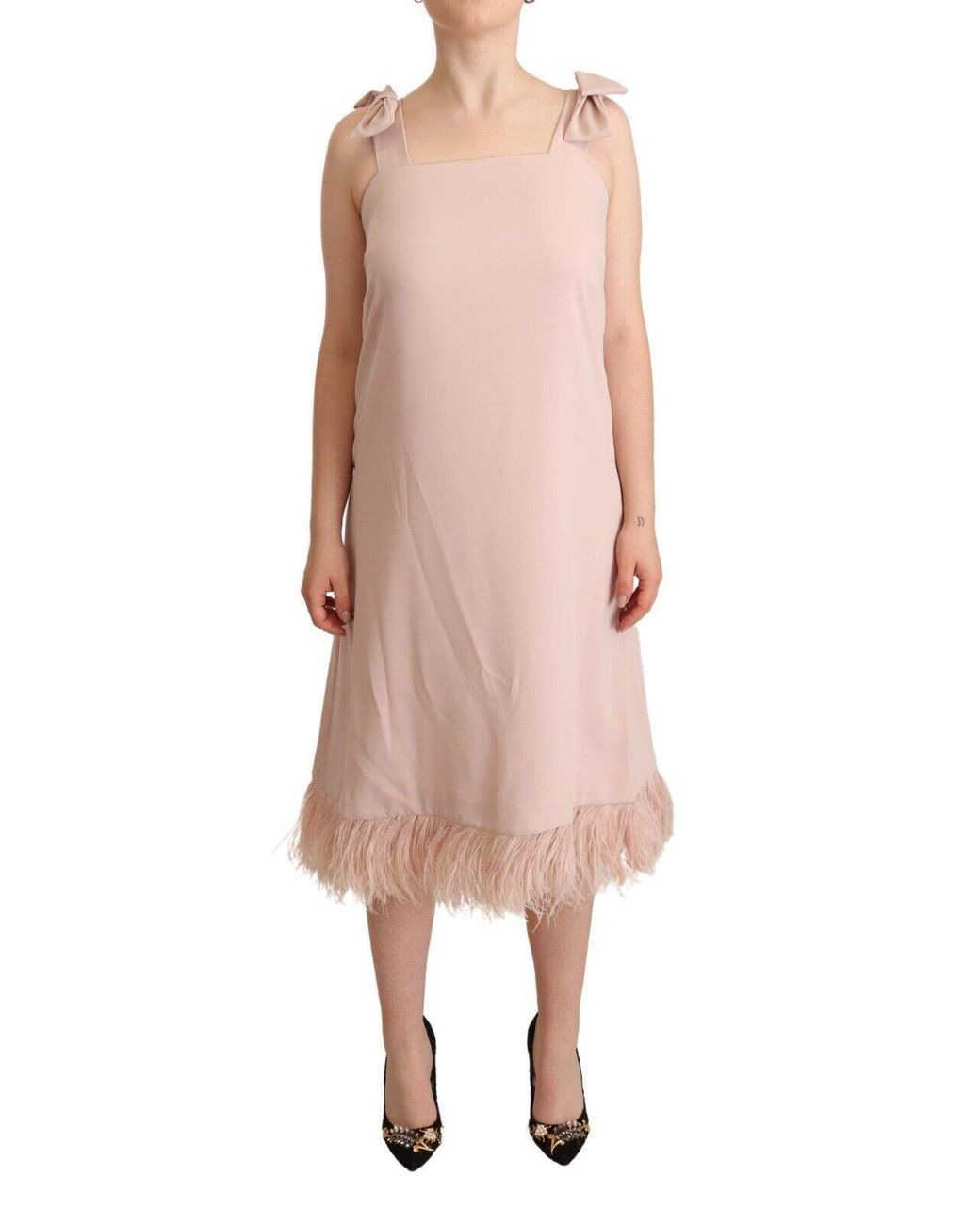 P.A.R.O.S.H. Pink Polyester Sleeveless Midi Feather Shift Dress