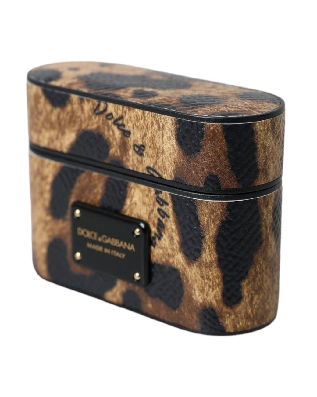 Dolce & Gabbana Metallic Leopard Calf Leather Metal Logo Plaque Airpods Case