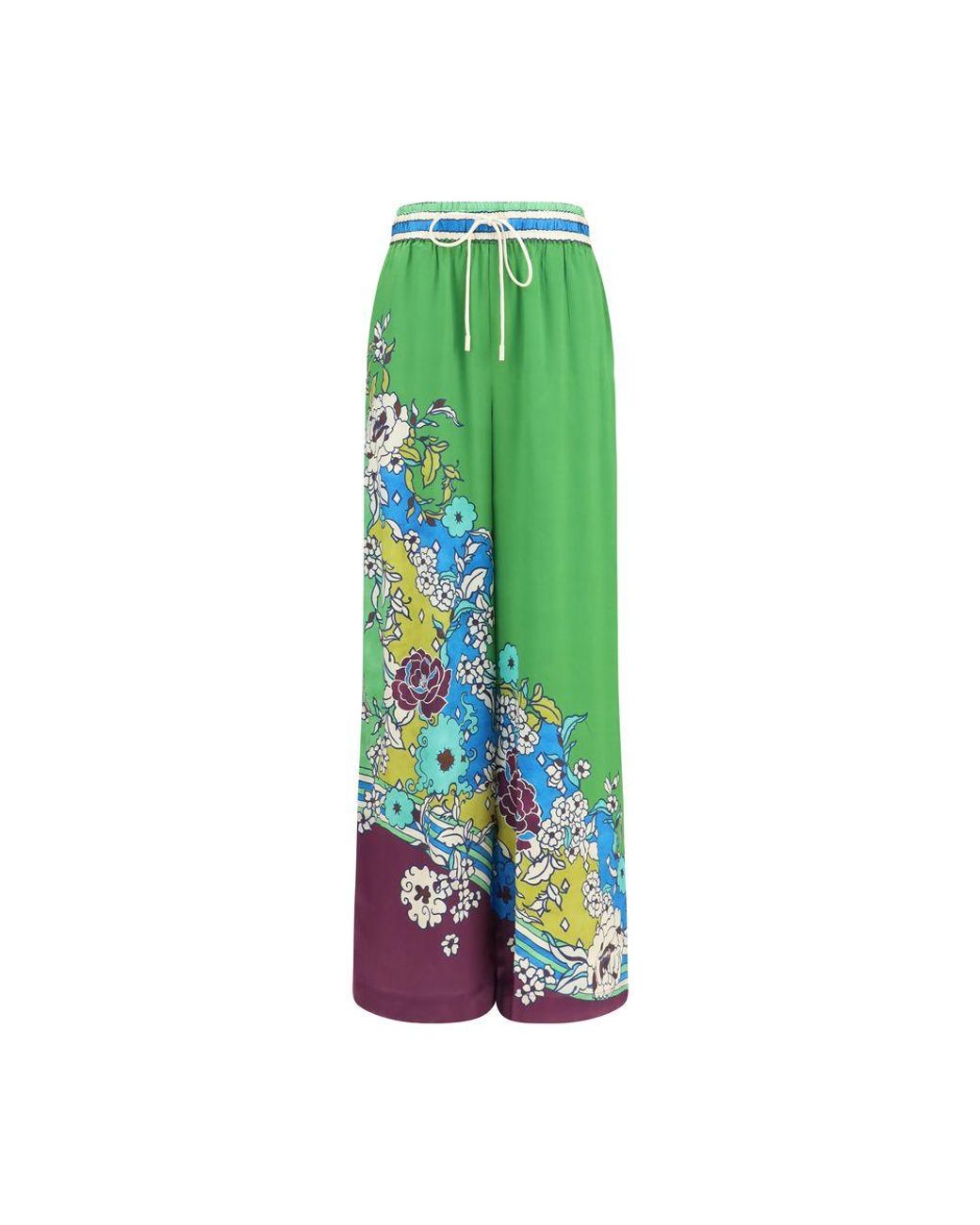 ALÉMAIS Green Multicolor Silk Casual Pants