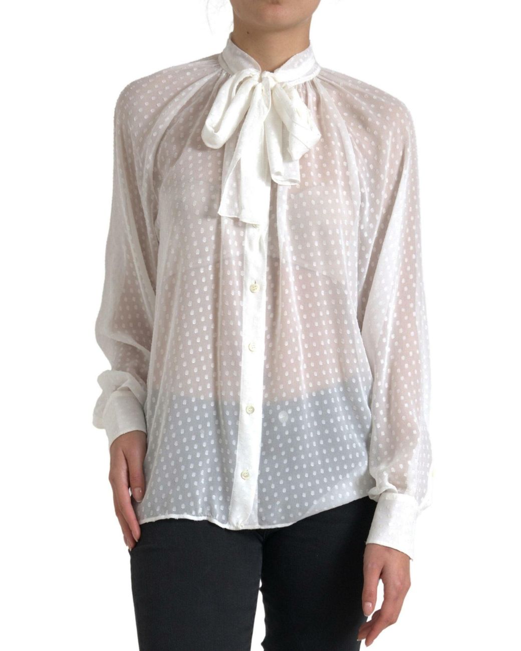 Dolce & Gabbana Gray Silk Sheer Tied Neck Polka Dots Blouse