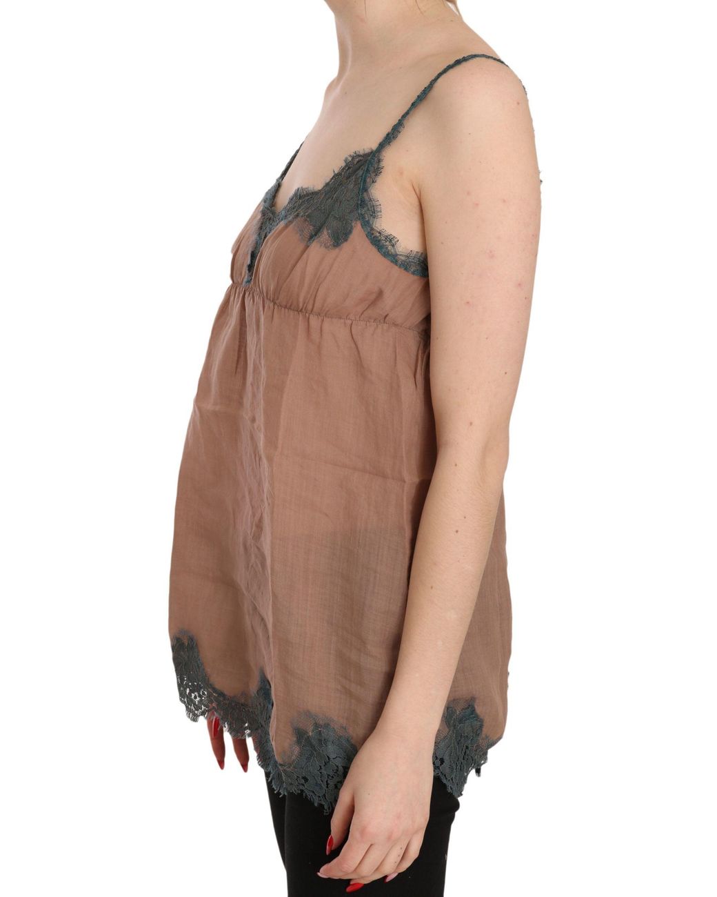 Pink Memories Brown Lace Spaghetti Strap Tank Top Blouse