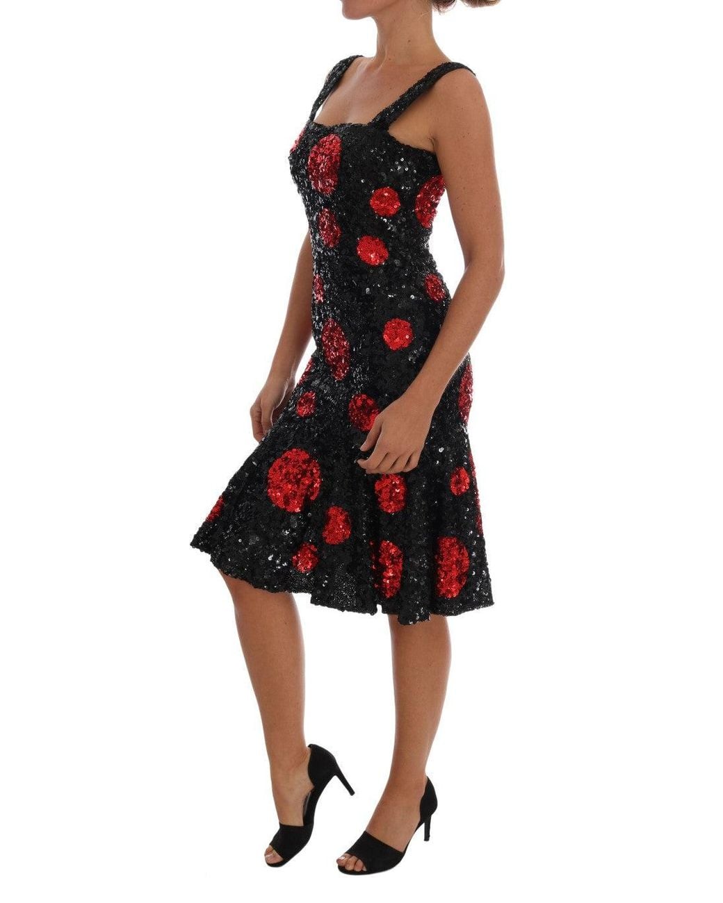 Dolce & Gabbana Black Red Polka Sequined Shift Dress