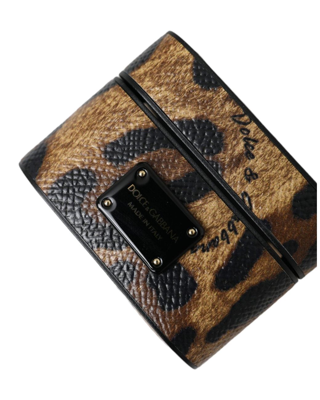 Dolce & Gabbana Metallic Leopard Calf Leather Metal Logo Plaque Airpods Case