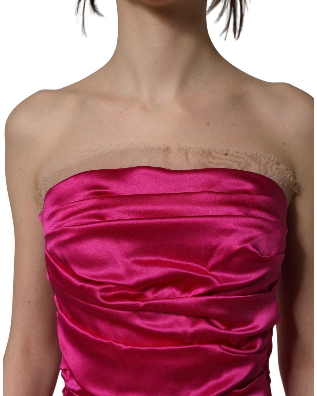 Dolce & Gabbana Red Hot Pink Ruched Satin Strapless Gown Dress
