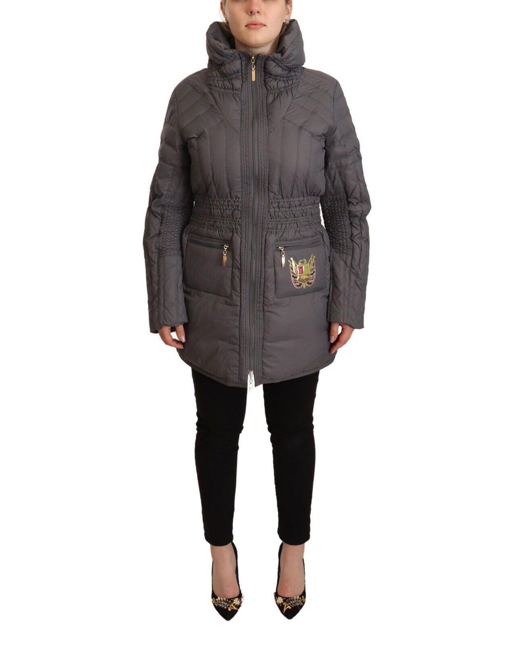 Rocco Barocco Black Gray Quilted Long Sleeves Logo Patch Full Zip Jacket