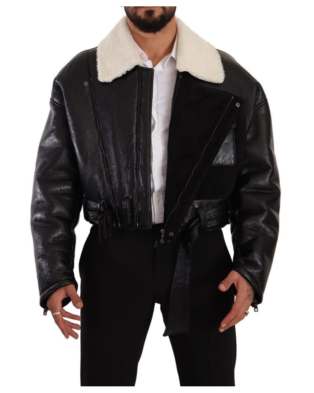 Dolce & Gabbana Black Leather Shearling Biker Coat Jacket Lamb Leather for men