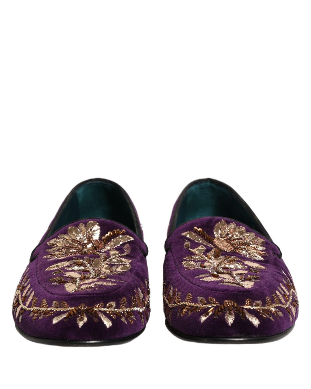 Dolce & Gabbana Multicolor Violet Velvet Floral Embroidery Loafers Shoes for men