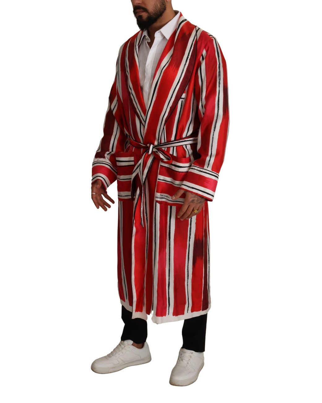 Dolce & Gabbana Red White Striped Silk Night Gown Robe for men