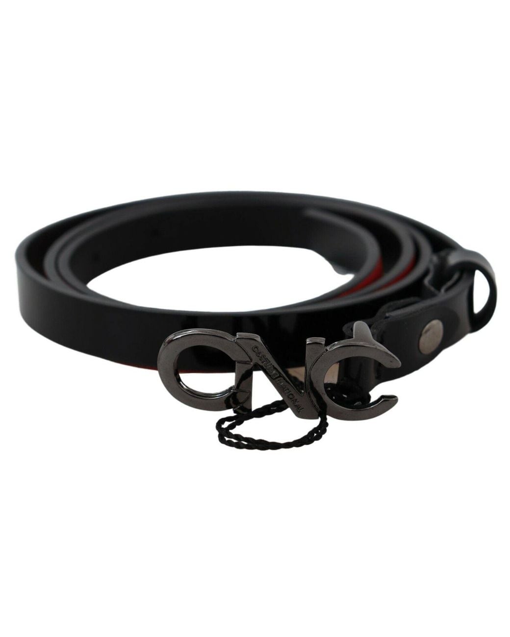 CoSTUME NATIONAL Black Skinny Leather Logo Buckle Belt