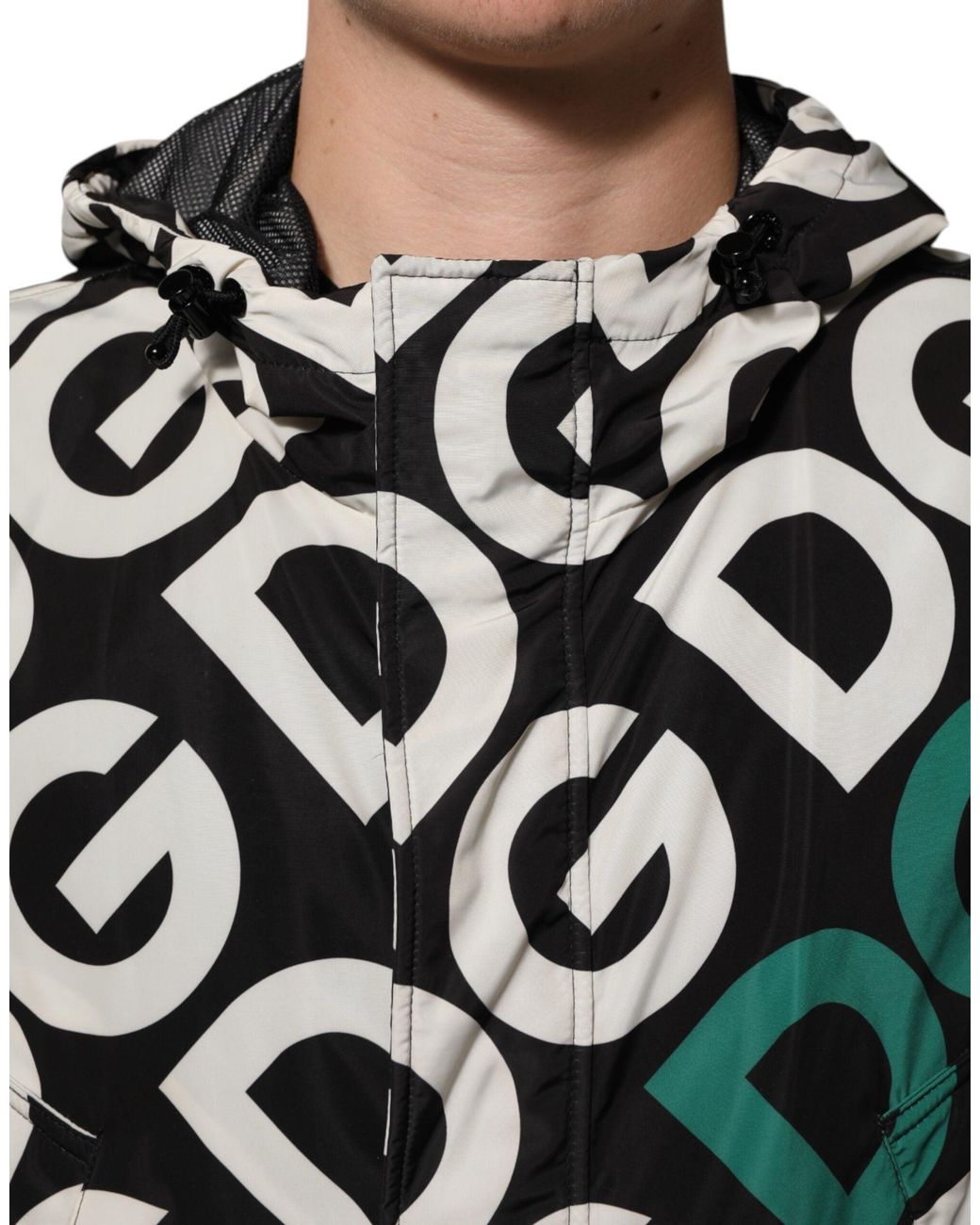 Dolce & Gabbana Black White Logo Print Hooded Coat Men Jacket for men