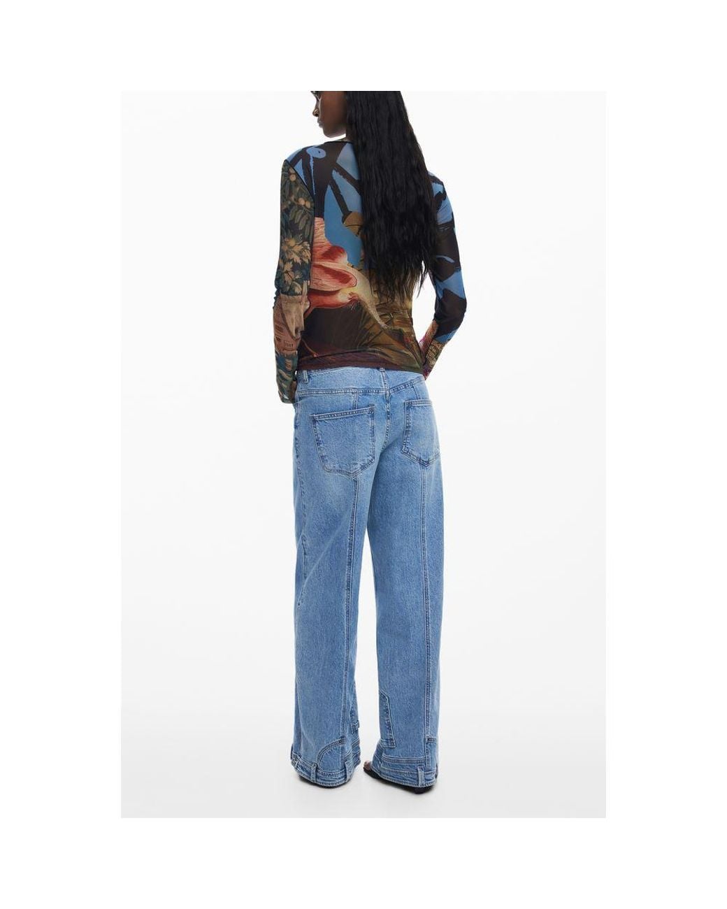 Desigual Blue Floral Mesh Long Sleeve Top