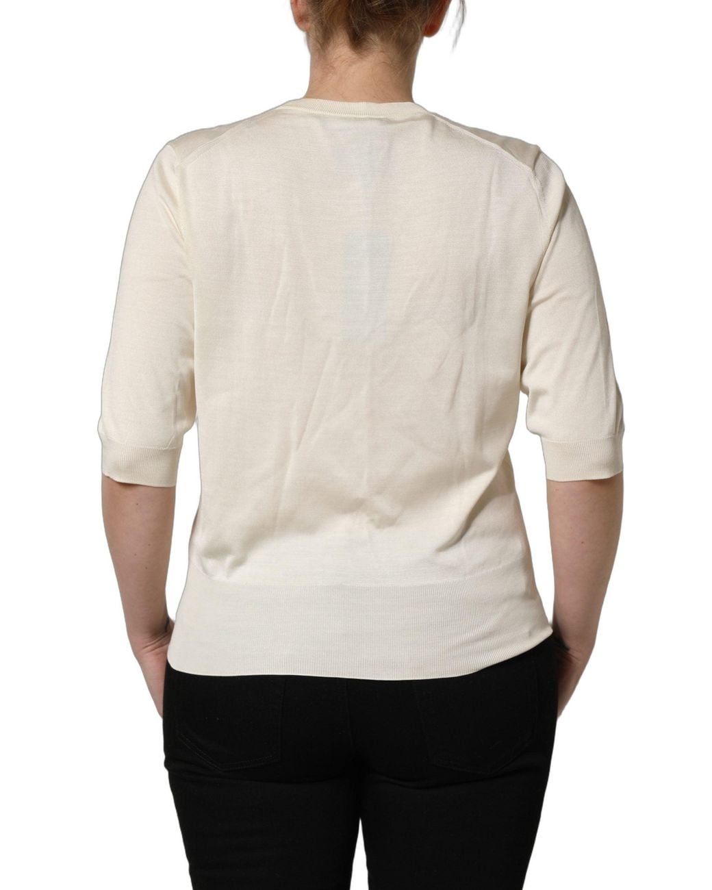 Dolce & Gabbana Off White 3/4 Sleeves Crewneck Pullover Sweater