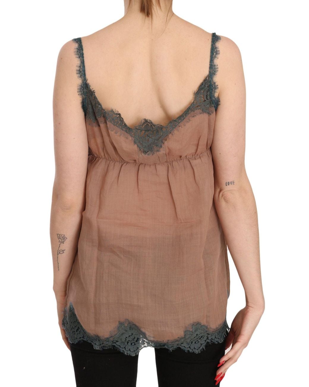 Pink Memories Brown Lace Spaghetti Strap Tank Top Blouse