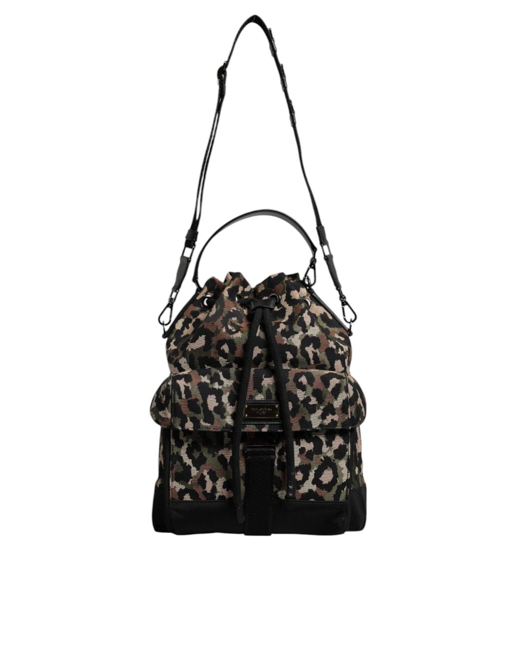Dolce & Gabbana Black Multicolor Leopard Cotton Shoulder Bucket Bag for men