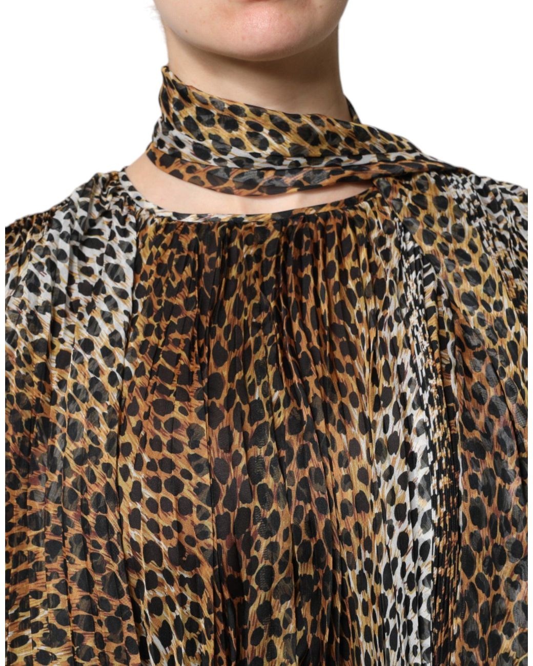 Dolce & Gabbana Brown Leopard Print Scarf Collared Chiffon Dress for men