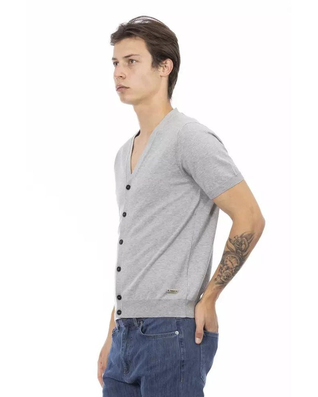 Baldinini Gray Elegant V-Neck Cotton Sweater for men