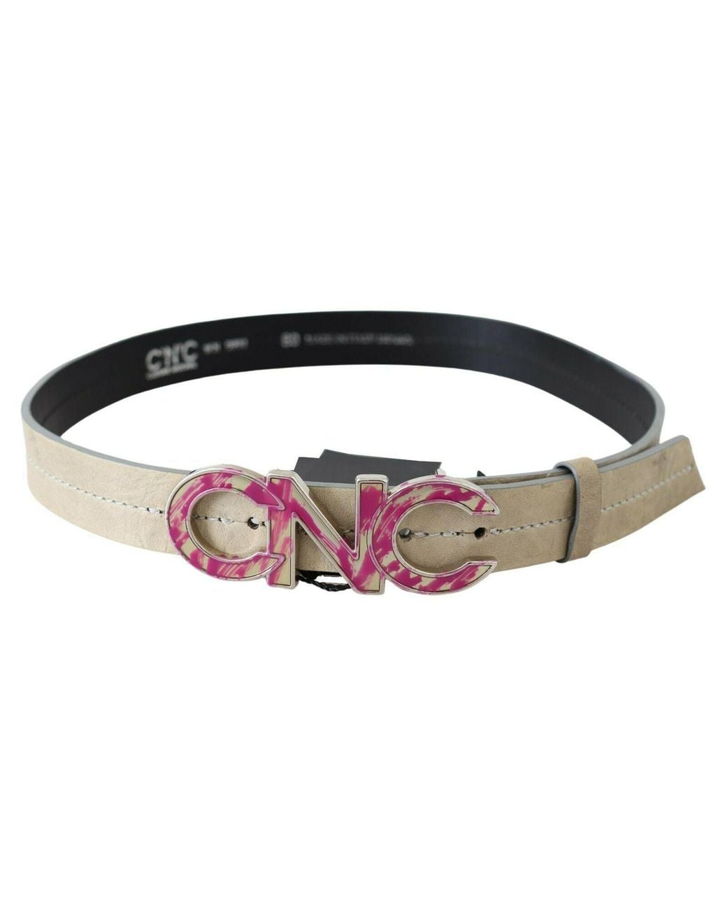 CoSTUME NATIONAL Black Beige Leather Pink Letter Logo Buckle Belt