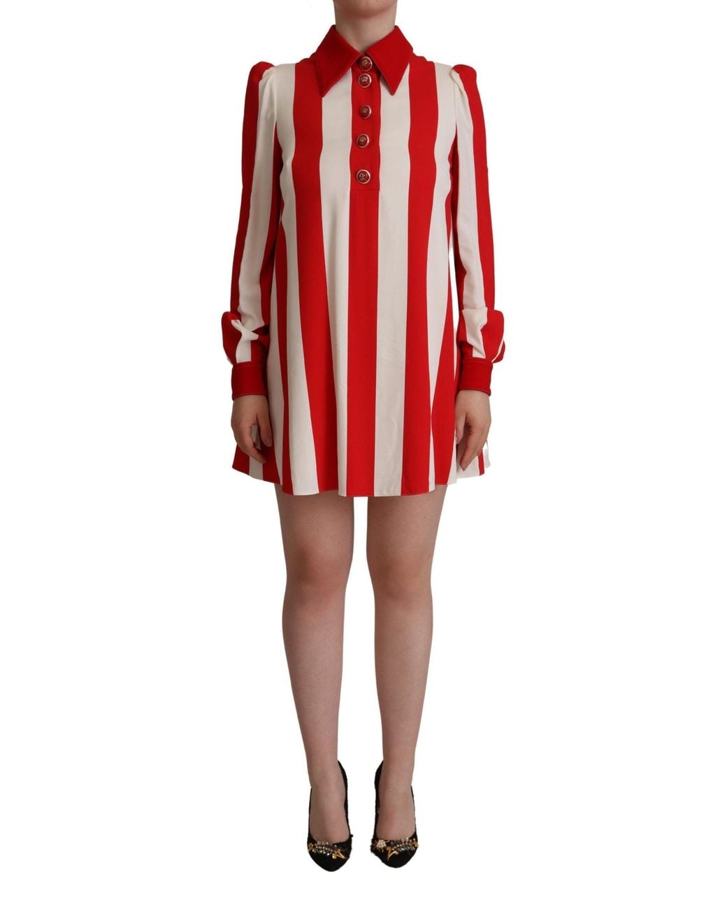 Dolce & Gabbana Red Elegant Striped Shirt Mini Dres