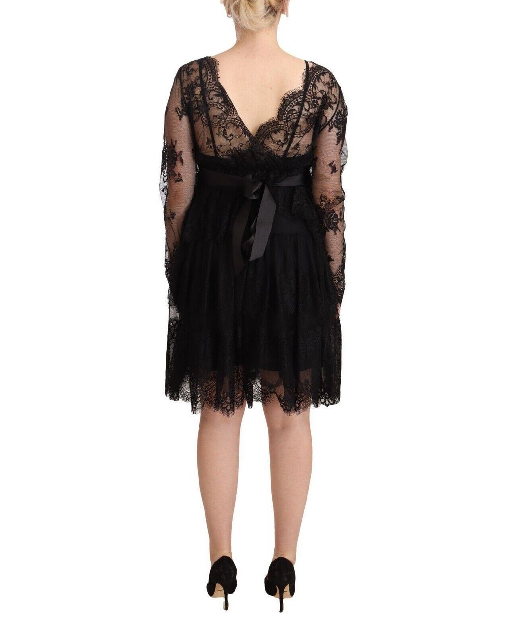 Aniye By Black Floral Lace Cotton Long Sleeves V-neck Shift Dress
