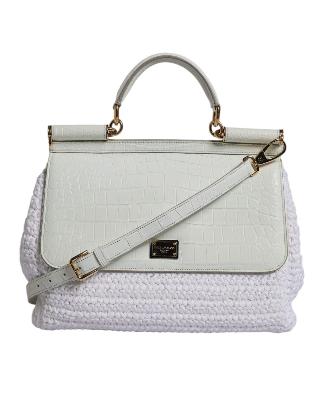 Dolce & Gabbana Gray White Rafia Leather Top Handle Crossbody Bag