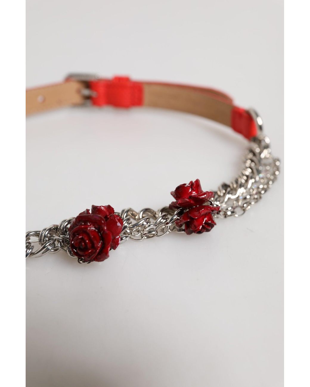 Dolce & Gabbana White Red Leather Silver Chain Floral Cintura Belt for men