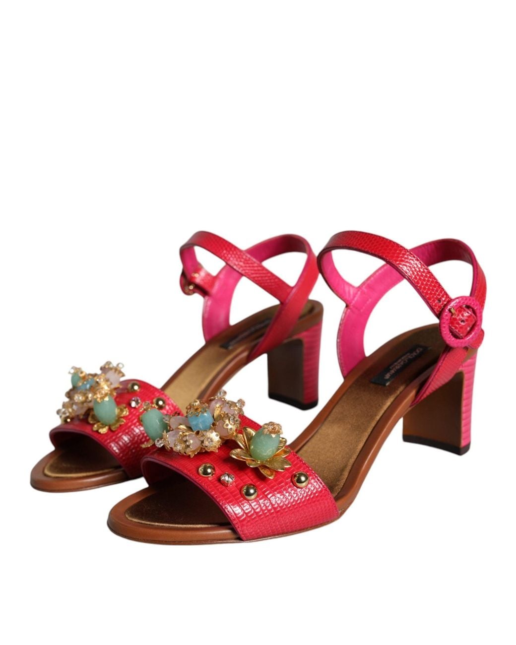 Dolce & Gabbana Red Leather Embellished Keira Sandals Shoes