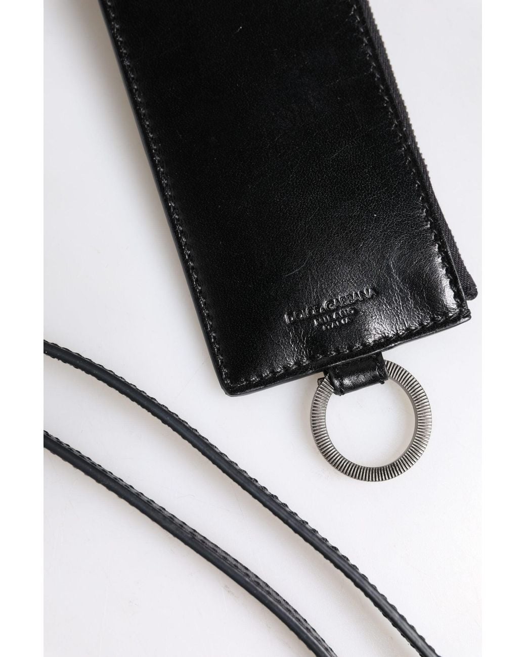 Dolce & Gabbana Black Leather Logo Embossed Lanyard Card Holder Wallet for men