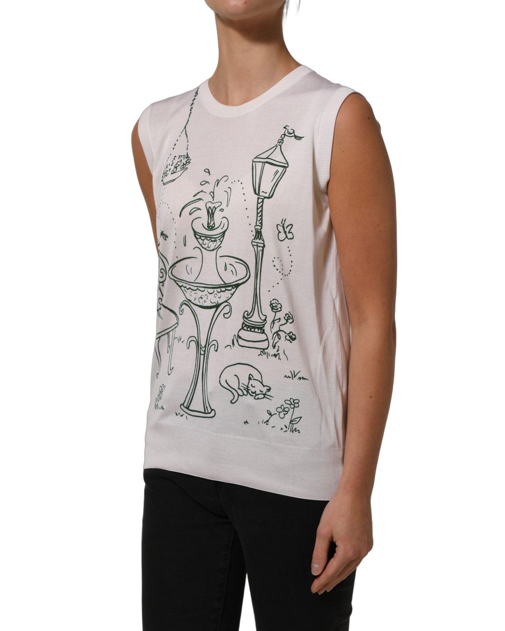 Dolce & Gabbana Gray Silk Knit Garden Fountain Print Tank Top