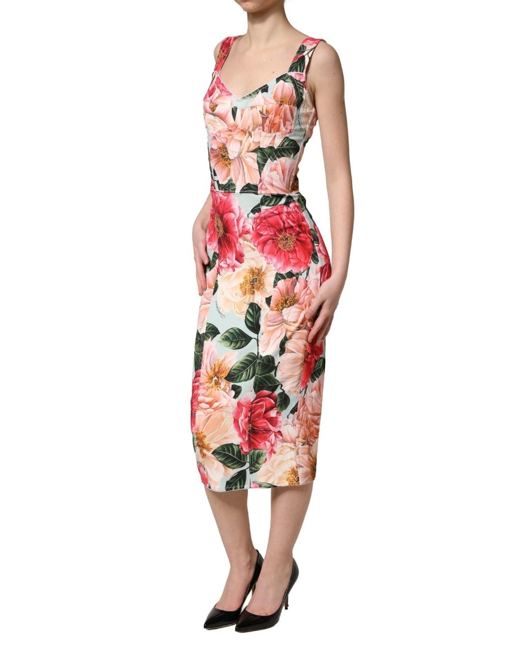 Dolce & Gabbana Red Multicolor Floral Print Viscose Sheath Dress