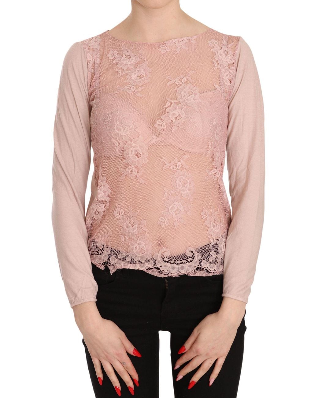 Pink Memories Pink Lace See Through Long Sleeve Top Blouse