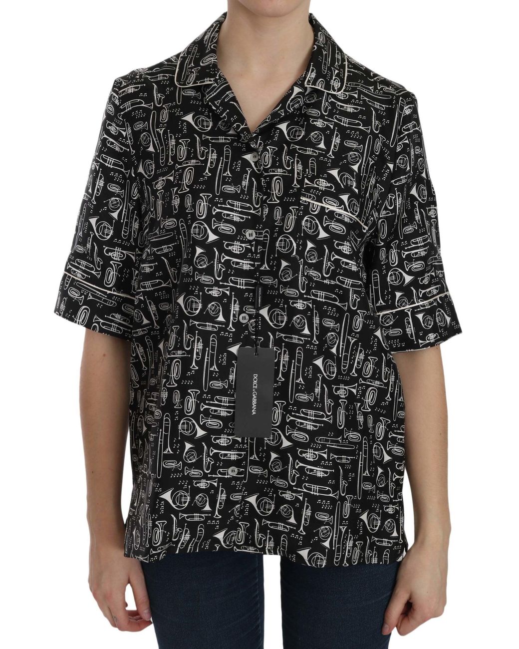 Dolce & Gabbana Black Dolce Gabbana Musical Instruments Silk Shirt
