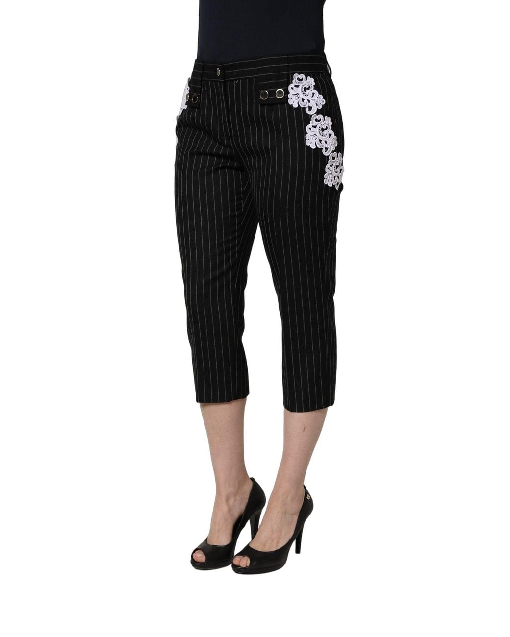 Dolce & Gabbana Black Lace Applique Pinstripe Cropped Pants