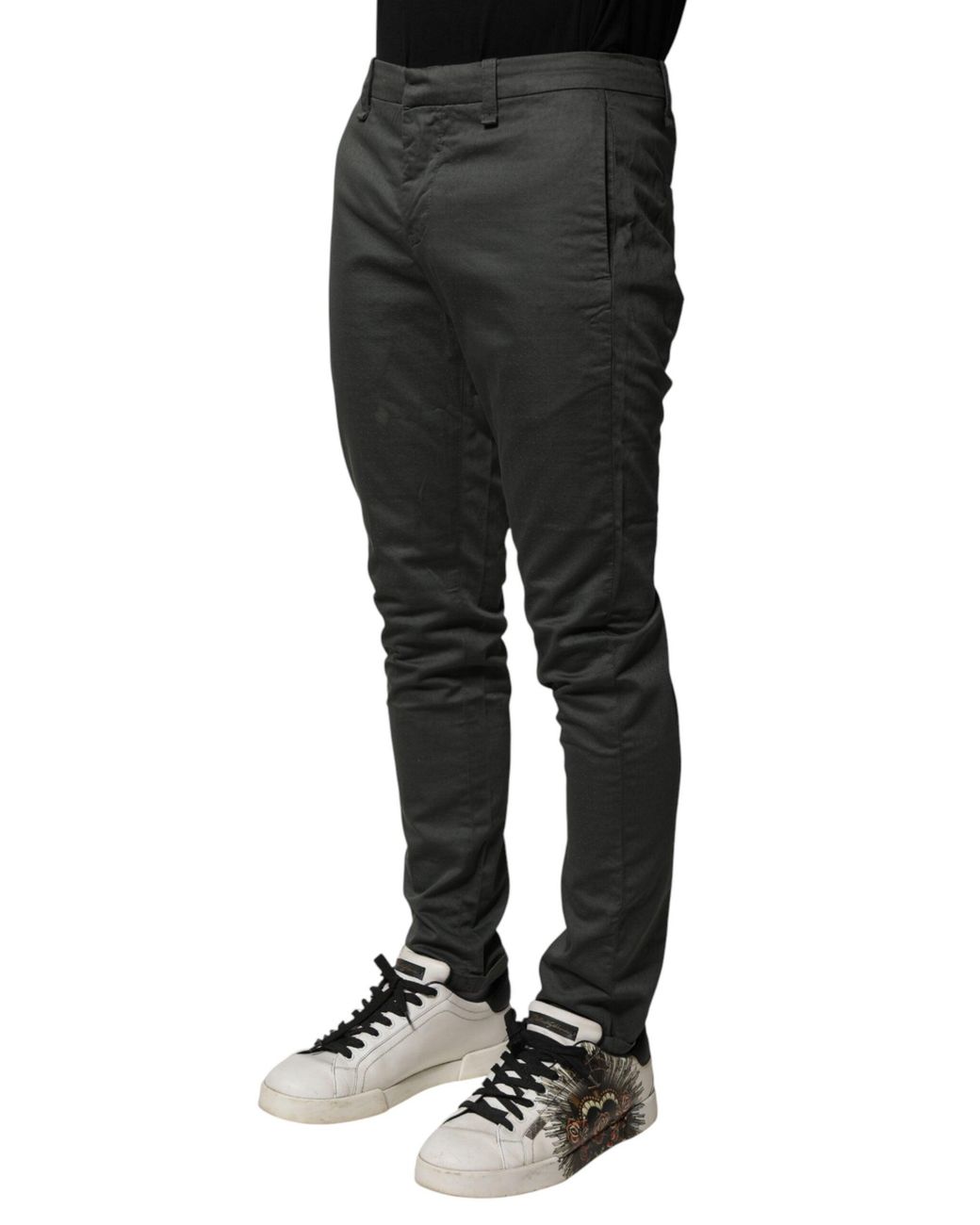 Dondup Black Dark Gray Cotton Mid Waist Skinny Men Chino Trouser Pants for men