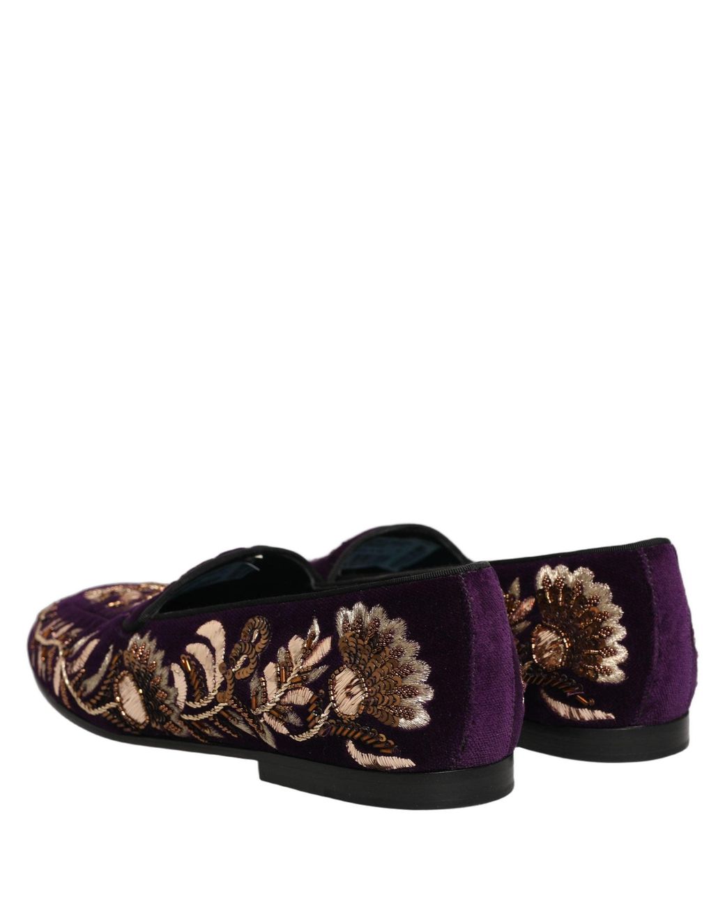 Dolce & Gabbana Multicolor Violet Velvet Floral Embroidery Loafers Shoes for men