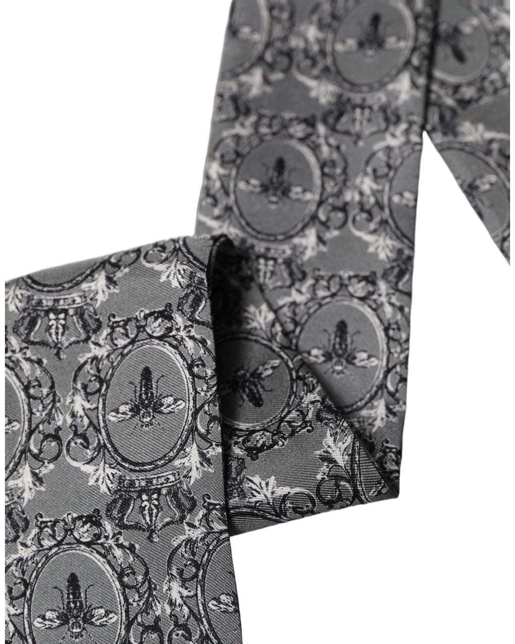 Dolce & Gabbana Black Men Gray Bee Silk Skinny Twilly Foulard Scarf for men