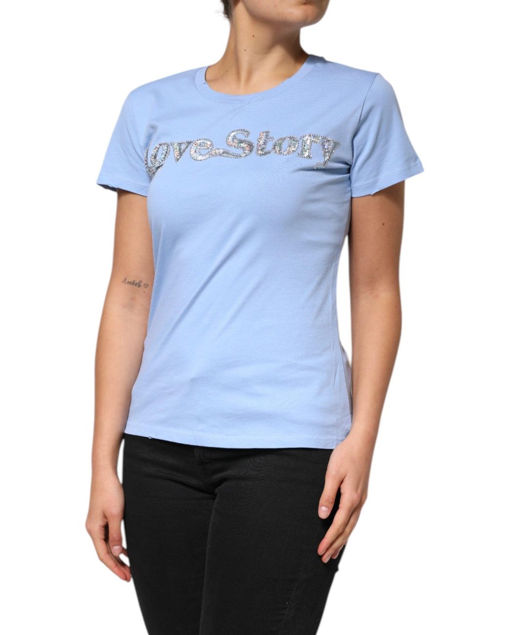 Pinko Blue Love Story Sequined Embellished Short Sleeves T