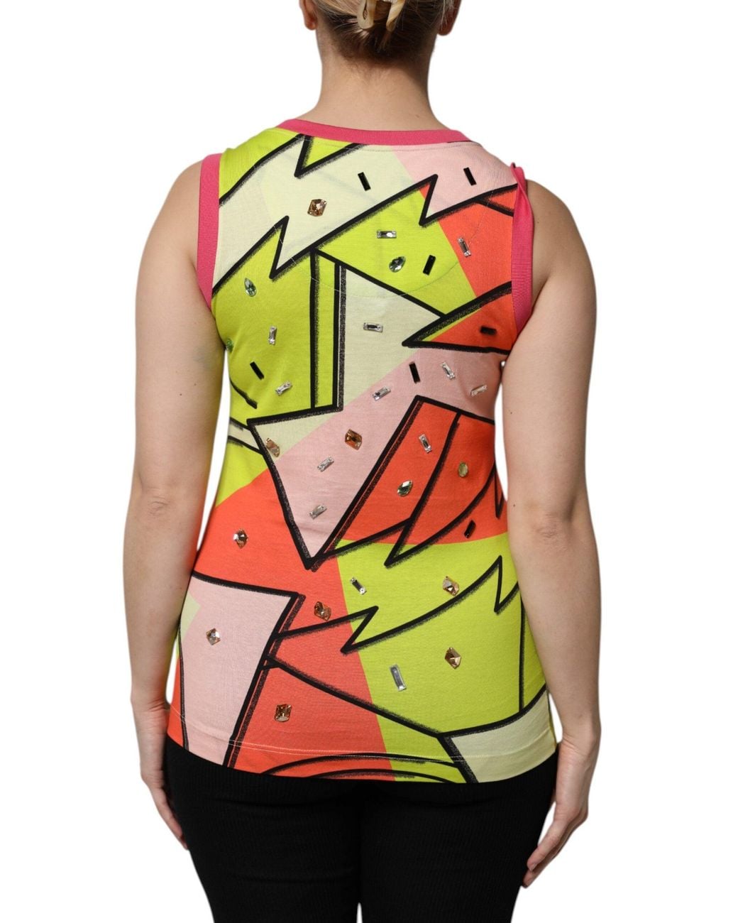 Dolce & Gabbana Black Multicolor Printed Crystal Embellishment Top for men