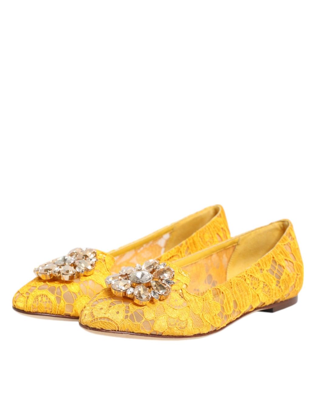 Dolce & Gabbana Yellow Taormina Lace Crystals Flats Shoes Viscose Cotton Nylon