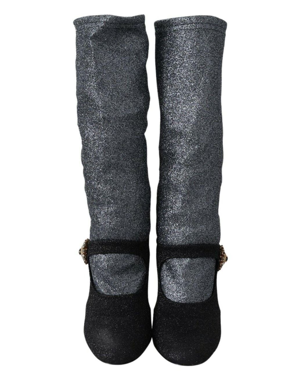 Dolce & Gabbana Black Crystal-embellished Two-tone Stretch-lurex Knee Boots