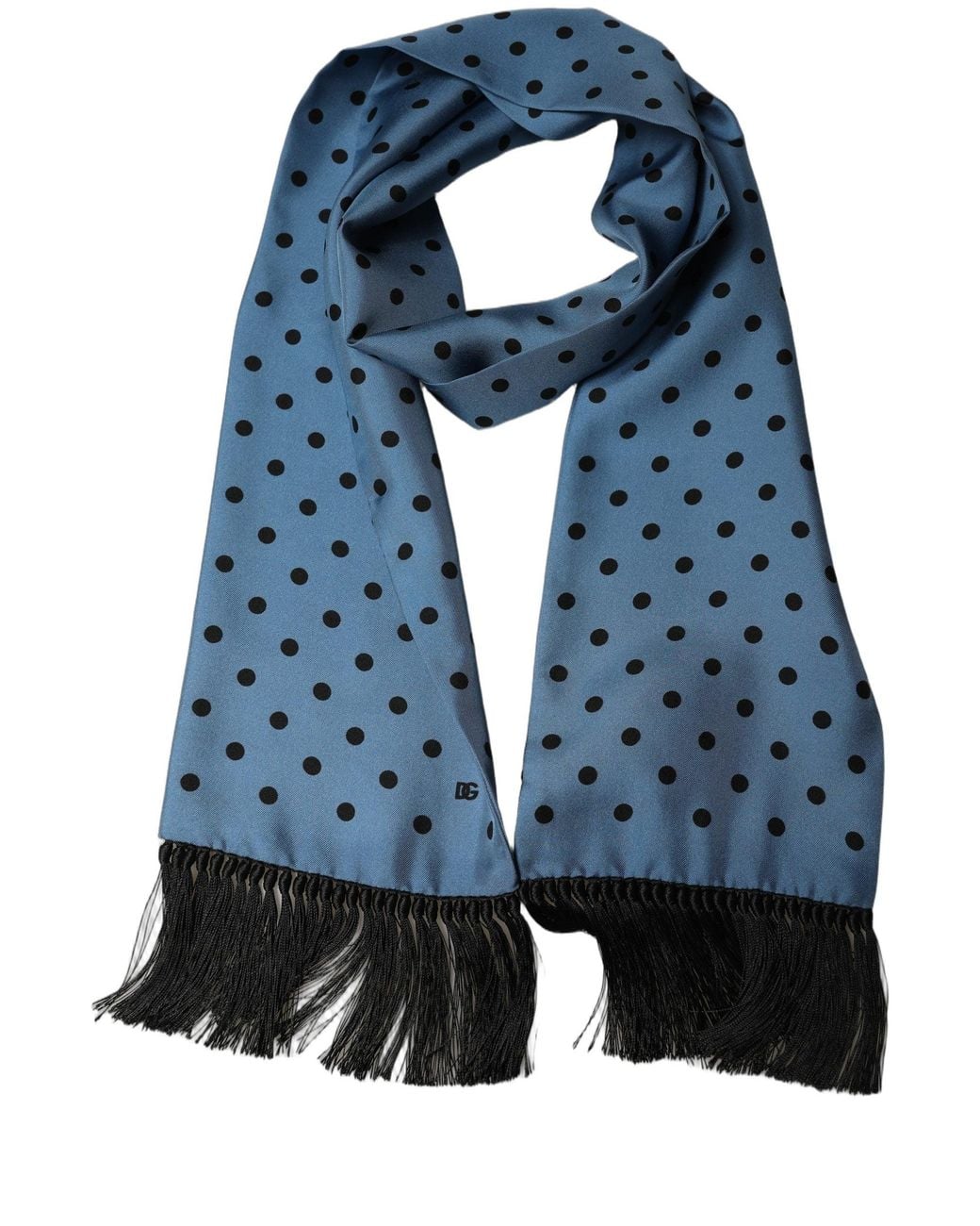 Dolce & Gabbana Blue Polka Dot Silk Fringed Lace Stole Scarf for men