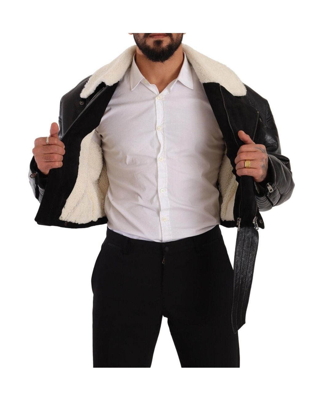 Dolce & Gabbana Black Leather Shearling Biker Coat Jacket Lamb Leather for men