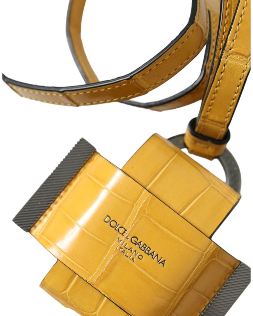Dolce & Gabbana Metallic Yellow Crocodile Leather Logo Print Lanyard Keychain
