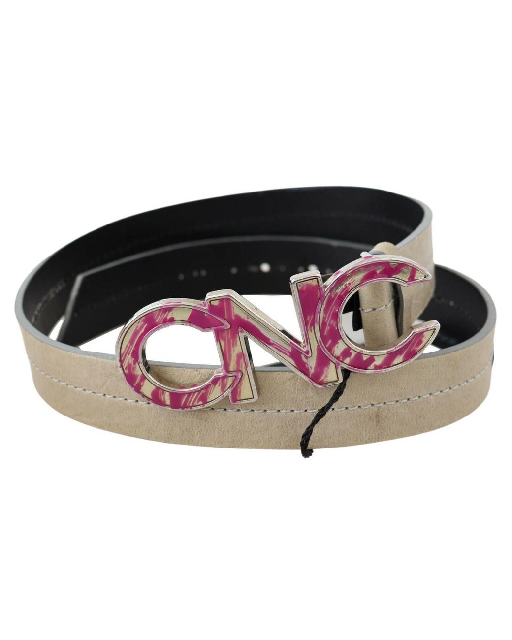 CoSTUME NATIONAL Black Beige Leather Pink Letter Logo Buckle Belt