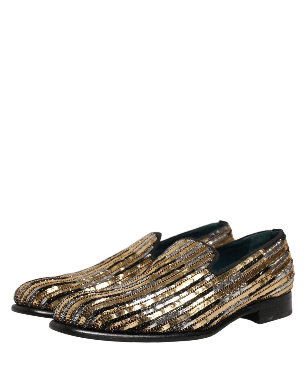 Dolce & Gabbana Gray Gold Striped Sequin Embellished Loafer Shoes for men