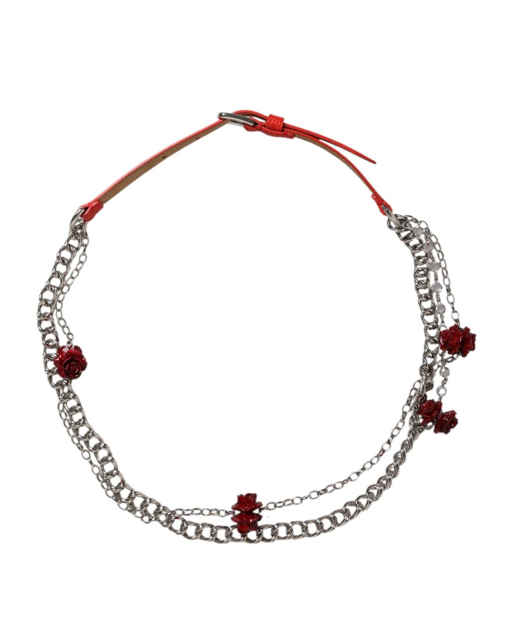 Dolce & Gabbana White Red Leather Silver Chain Floral Cintura Belt for men