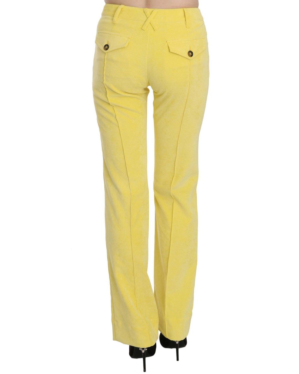 Just Cavalli Yellow Corduroy Mid Waist Straight Trousers Pants