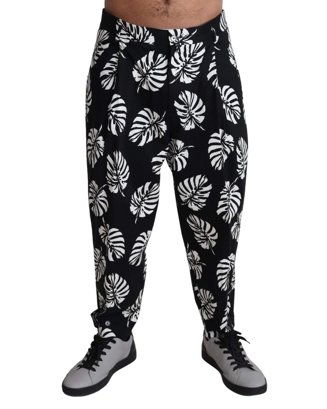 Dolce & Gabbana Black Leaf Cotton Stretch Trouser Pants Pants for men